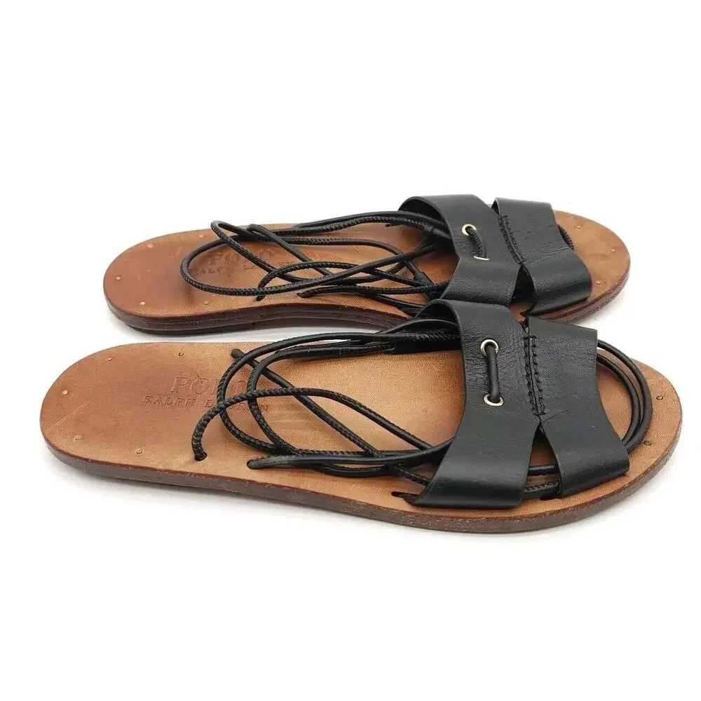 Polo Ralph‎ Lauren (Womens Size 6) Leather Flat Leg Lace Up Sandals Shoes Black